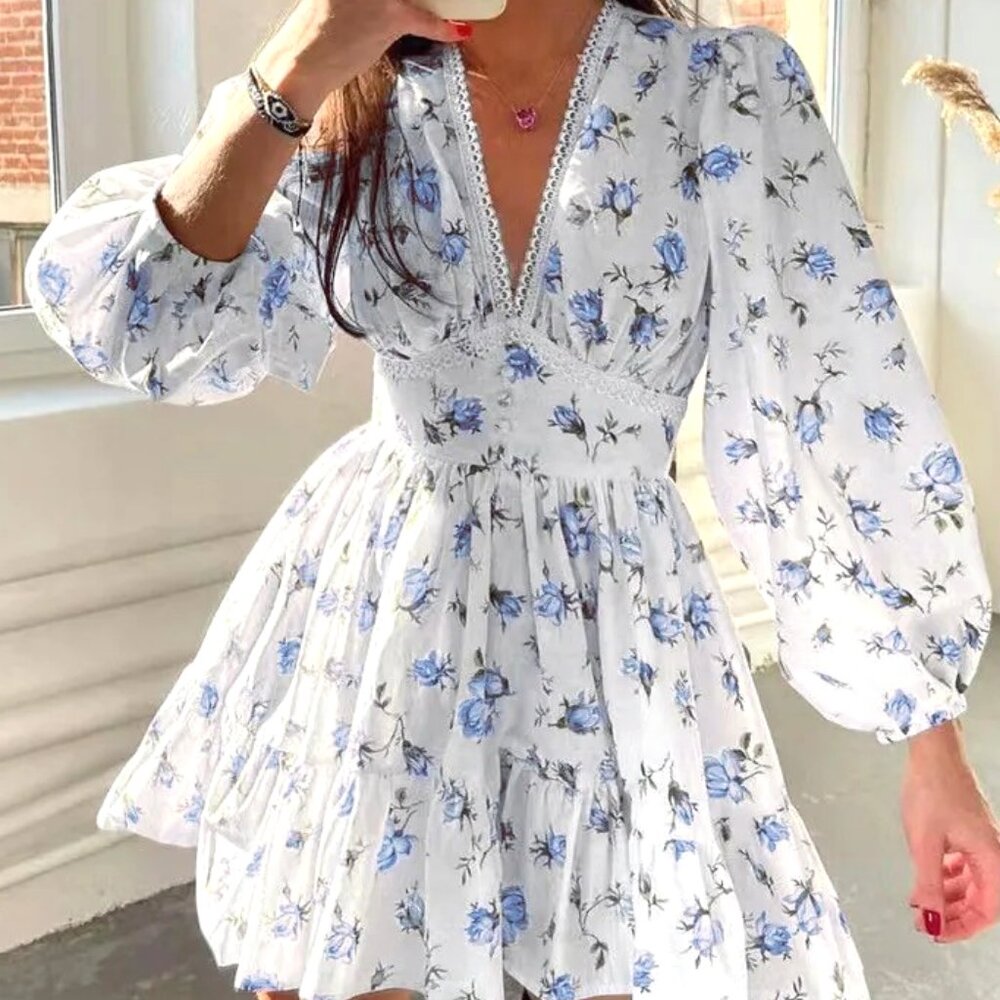 WHITE WITH BLUE FLOWERS LACE PANEL CHIFFON XL DEEP V NECK HIGH WAIST DRESS
